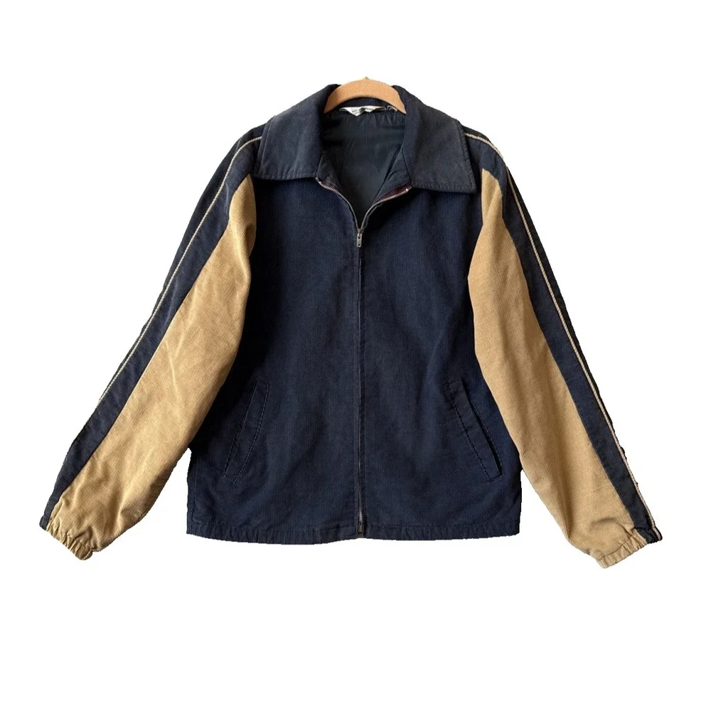Vtg JCPenney Boys XL 18/20 Corduroy Jacket Navy Blue Tan Colorblock Varsity Zip